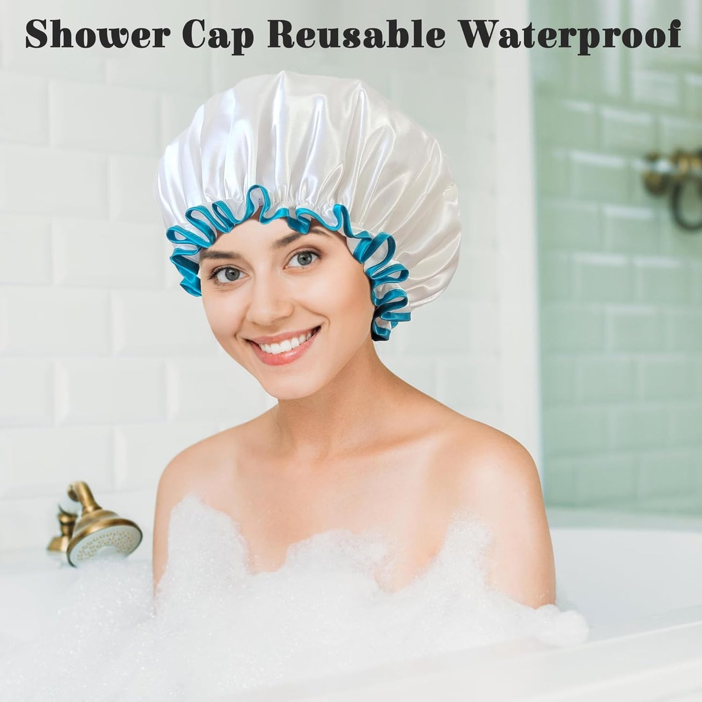 Shower Cap Reusable Waterproof, Large Shower Cap for Women, Shower Caps for Braids Long Hair, Double Layer Satin Plastic Hair Cap for Shower