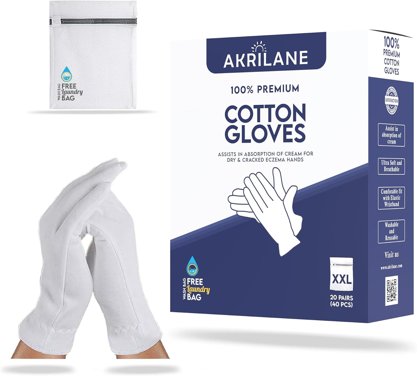AKRILANE XXL Extra Extra Large 20 Pairs 100% Premium Cotton Gloves for Dry Hands | Moisturizing Overnight Gloves for Eczema, Psoriasis & Skin Spa Treatment for Women & Men | Free Laundry Bag