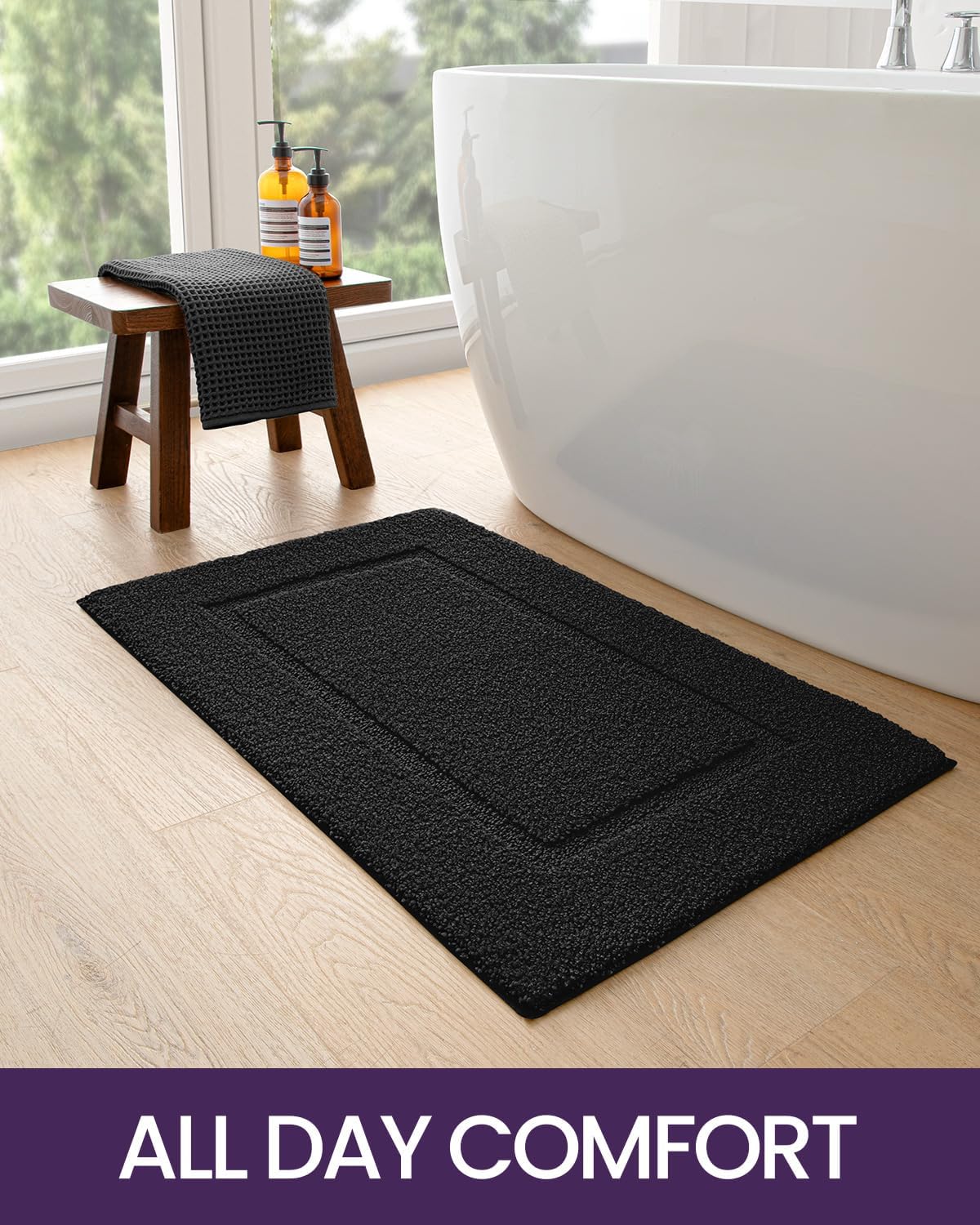 DEXI Bathroom Rugs 43x24, Washable Non Slip Bath Mat for Shower Floor, Absorbent Quick Dry Bathmat with Rubber Backing, Ultra Soft Plush Carpet for Tub, Black