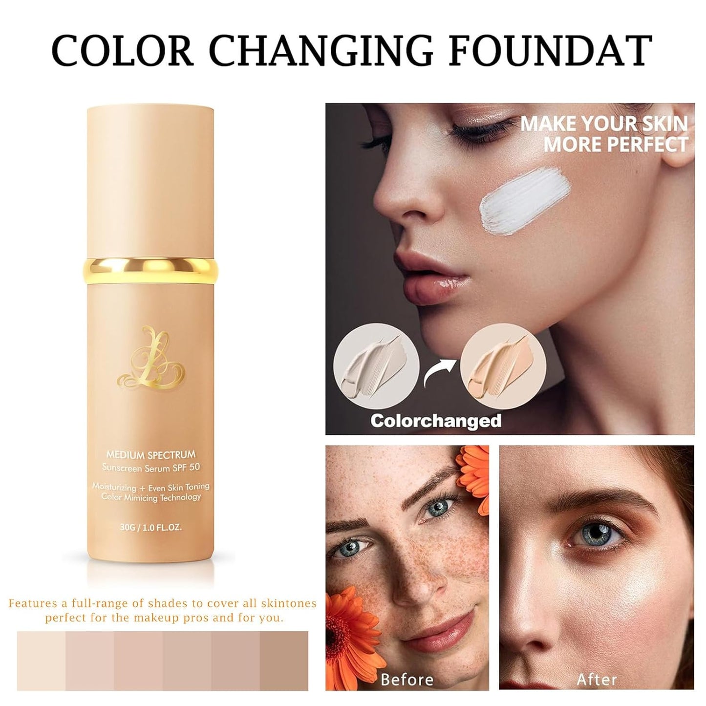 Match Foundation 4-in-1 with SPF 50 : Color Changing Foundation Medium Spectrum with 2 Brushes and 2 Cosmetics Sponge - Moisturizing & Concealer Face Makeup for All Skin Types