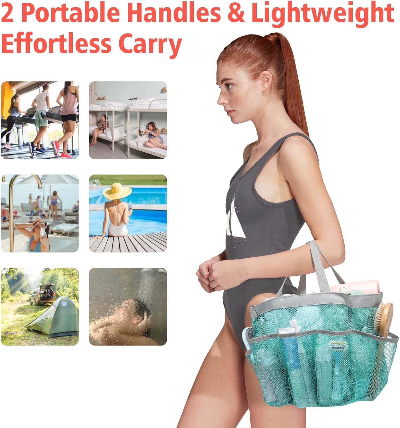 F-color Mesh Shower Caddy Portable - 2 Handles Upgrade Deeper 7 Pockets Basket Bag Tote for College Dorm Room Toiletry Bathroom Essentials Gym Camp Quick Dry with S Hook, 2 Pack Mint Green