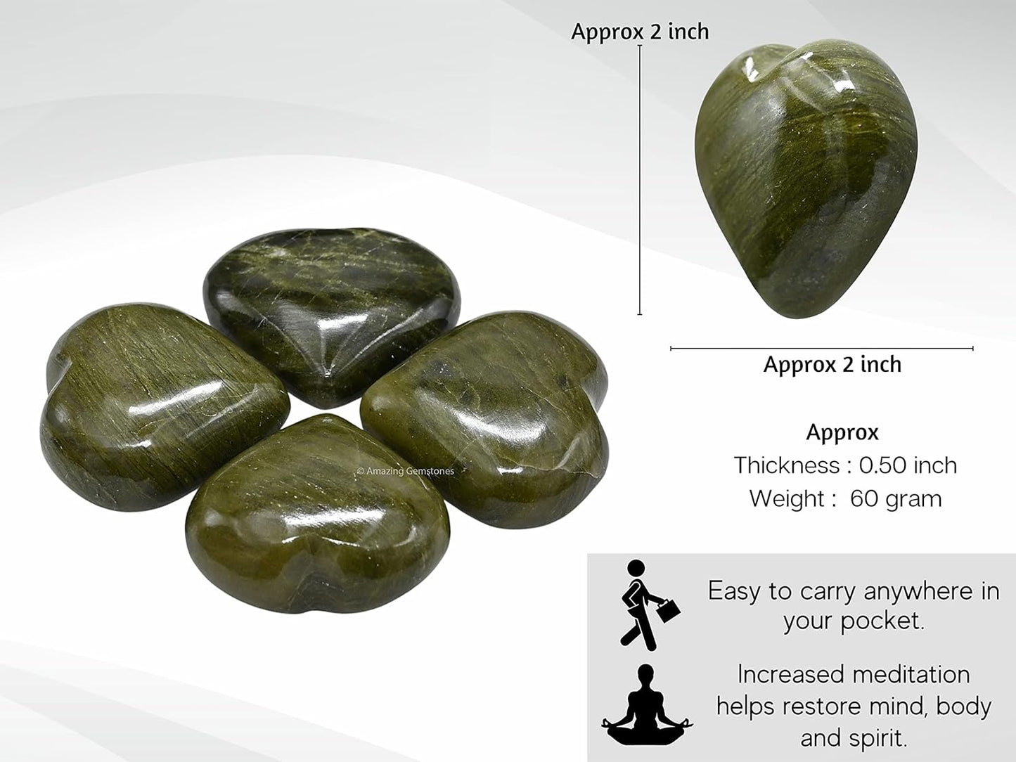 Vesuvianite Crystal Heart Palm Stone - Pocket Massage Worry Stone for Natural Body Chakra Balancing, Reiki Healing and Crystal Grid