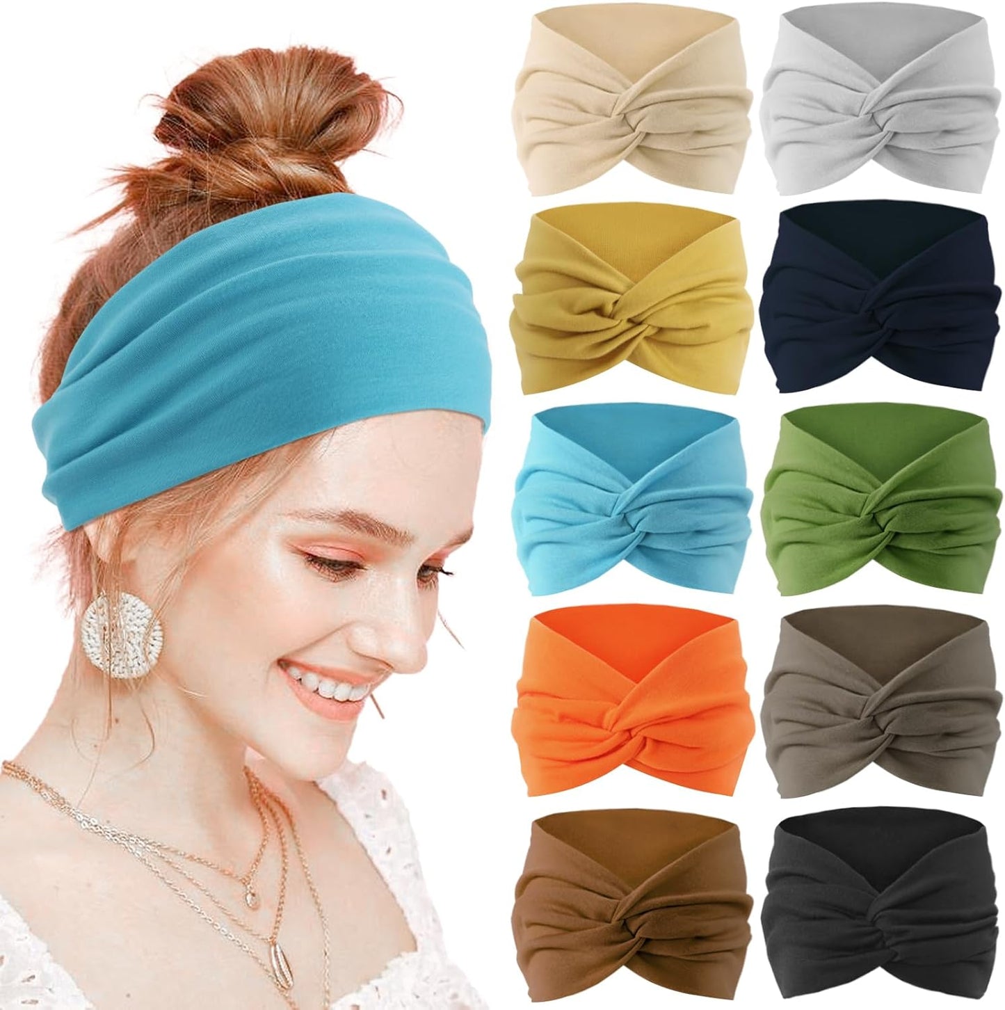 12-Pack Wide Stretch Headbands for Women - Non-Slip Extra Wide Turban Hair Bands for Workout, African Style, Sports & Daily Use (Breathable, All-Day Comfort) Color1 (Color2)