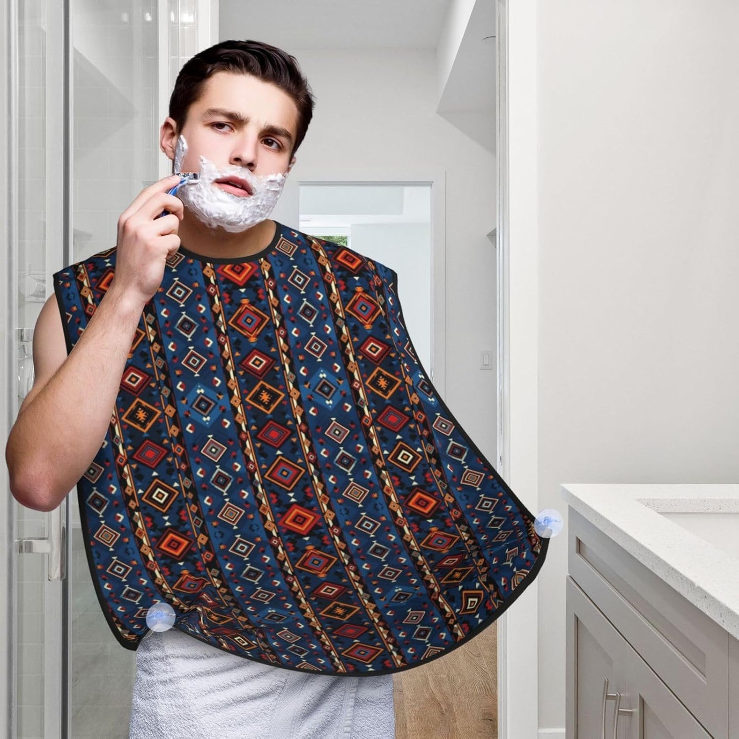 No-Slip Shaving Bib, Beard Grooming Apron with Strong Suction Cups, Tribal Native American Indian Ethnic Aztec Navajo