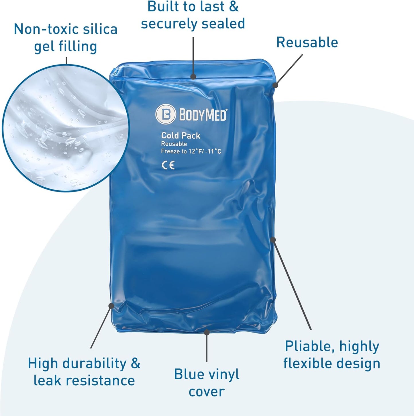 BodyMed Reusable Vinyl Ice Pack (2-Pack) for Knee, Arm, Elbow, Shoulder, Back - Professional Grade Cold Therapy for Injuries, Aches, Swelling, Bruises, Sprains - 12 in. x 7 in. (Half)