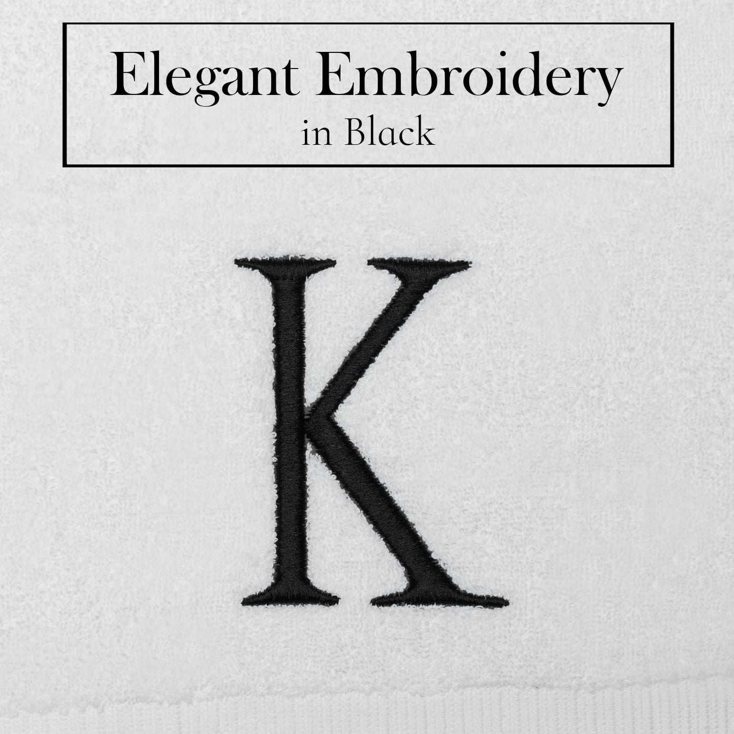 Black Monogrammed Bathroom Hand Towel - Black & White Luxury Hotel Quality Personalized Initial Decorative Embroidered Towel for Powder Room, Spa - GOTS Organic Certified - Set of 2 Letter K