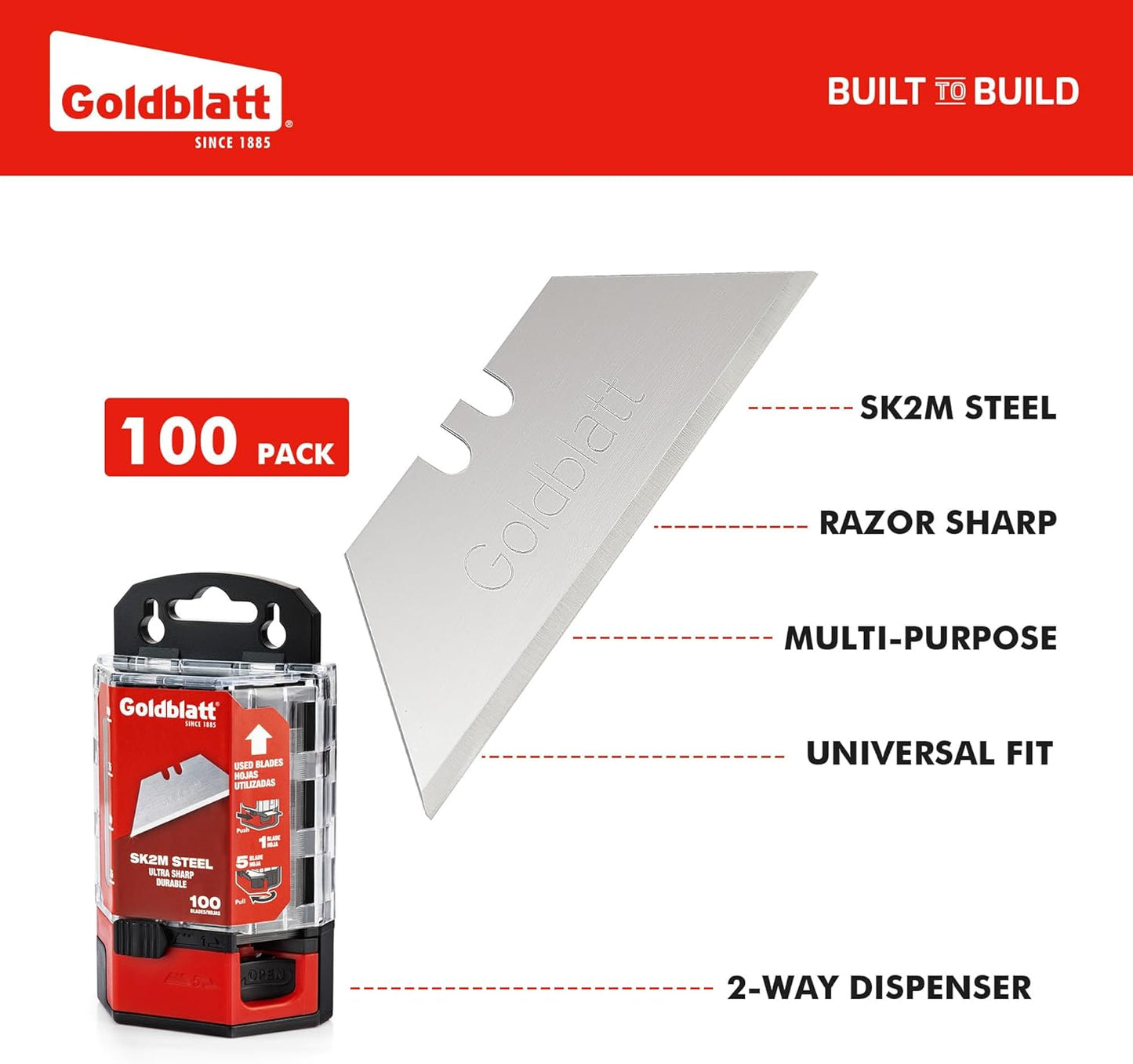Goldblatt 100-Pack Utility Blades Premium Tempered SK2M Steel with Dispenser (G08283)