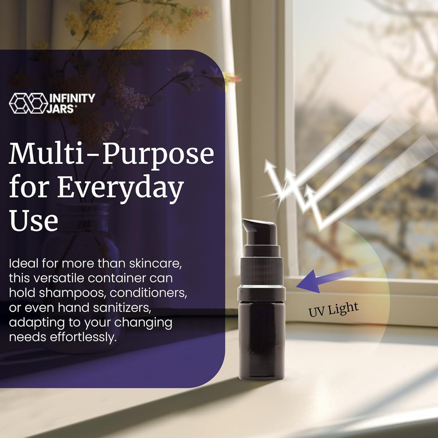 Infinity Jars 15 Ml (0.5 fl oz) Refillable Ultraviolet Black Glass Pump Bottles Leak-Proof Travel Containers for Toner, Sanitizer, Beard Oil, Hair Serum, Essential Oils