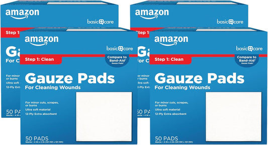 Amazon Basic Care Gauze Pads, 4x4 inches Sterile Medical Wound Dressing Sponges for Cleaning, Covering, & Cushioning Cuts & Minor Injuries, 50 Count (Previously All Health) (Pack of 4)