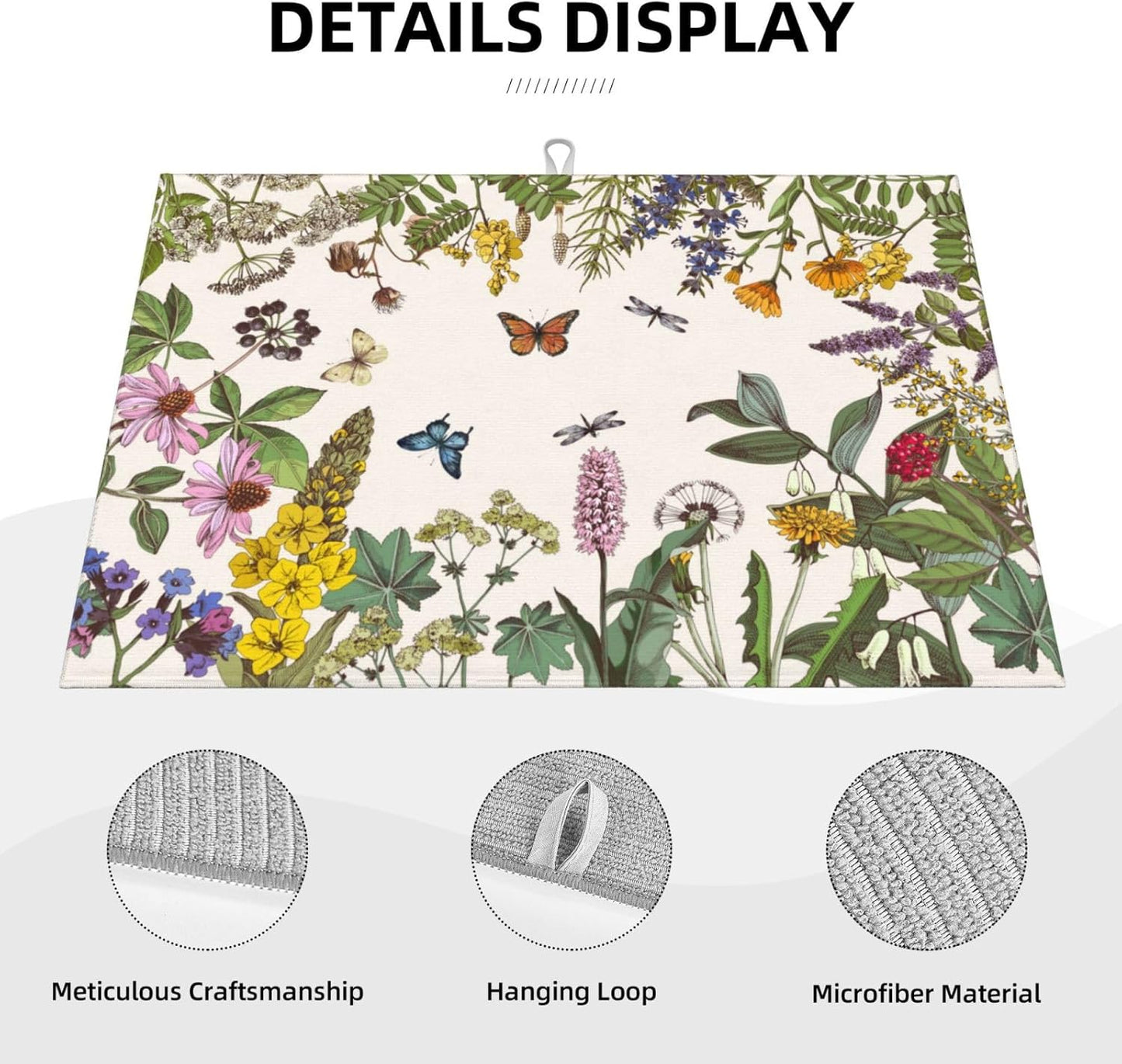 Wild Flower Herbs Dish Drying Mat For Kitchen Counter Absorbent Large Kitchen Fast Dry Pad Reusable Washable Protector Rack Large Mat 18 X 24