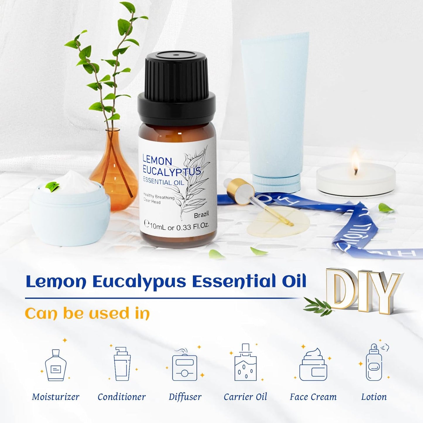 HIQILI Lemon Eucalyptus Oil, for Spary, Diffuser, Indoors, Outdoors, Garden, Yard, 100% Pure Natural - 0.33 Fl Oz