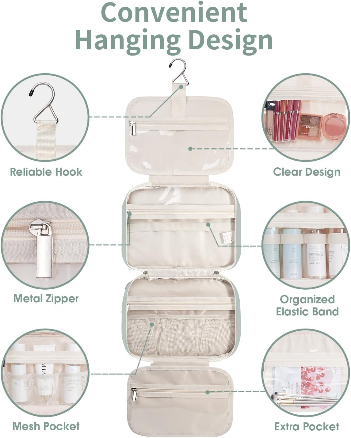 Narwey Hanging Toiletry Bag for Women Travel Makeup Bag Organizer Toiletries Bag for Travel Size Essentials Accessories Cosmetics (Mint Green (Medium))