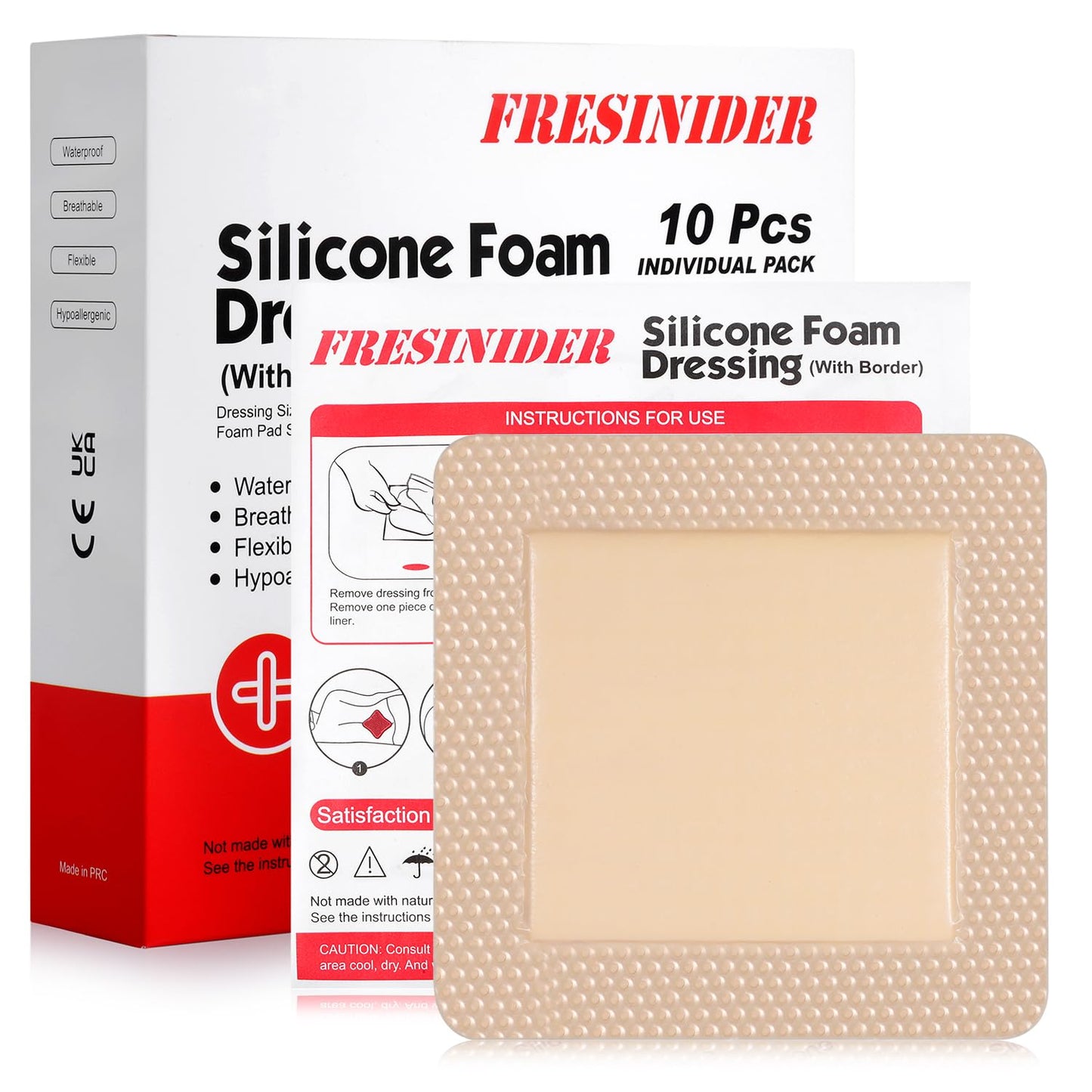 FRESINIDER Silicone Foam Dressing with Adhesive Border – Wound Dressing Bandage – Silicone Foam Pad – Pack of 10 – 5 x 5 Inches Large Waterproof Bandages – Self Adhesive Wound Care and Dressings