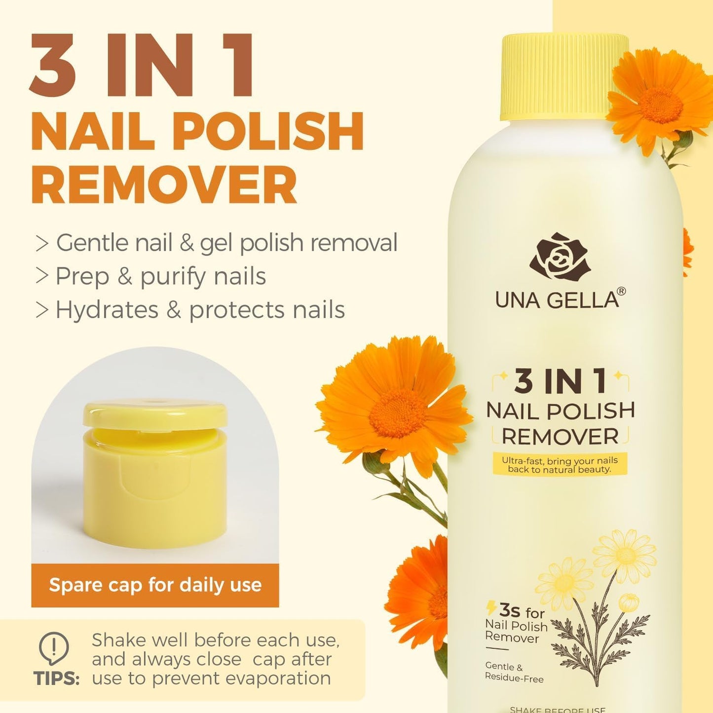 UNA GELLA Acetone Nail Polish Remover, Soak Off Gel Nail Polish Remover With Easy Use Cap, Healthy Formula Works For Acrylic Nail Glue 8 Fl Oz, Calendula Scent