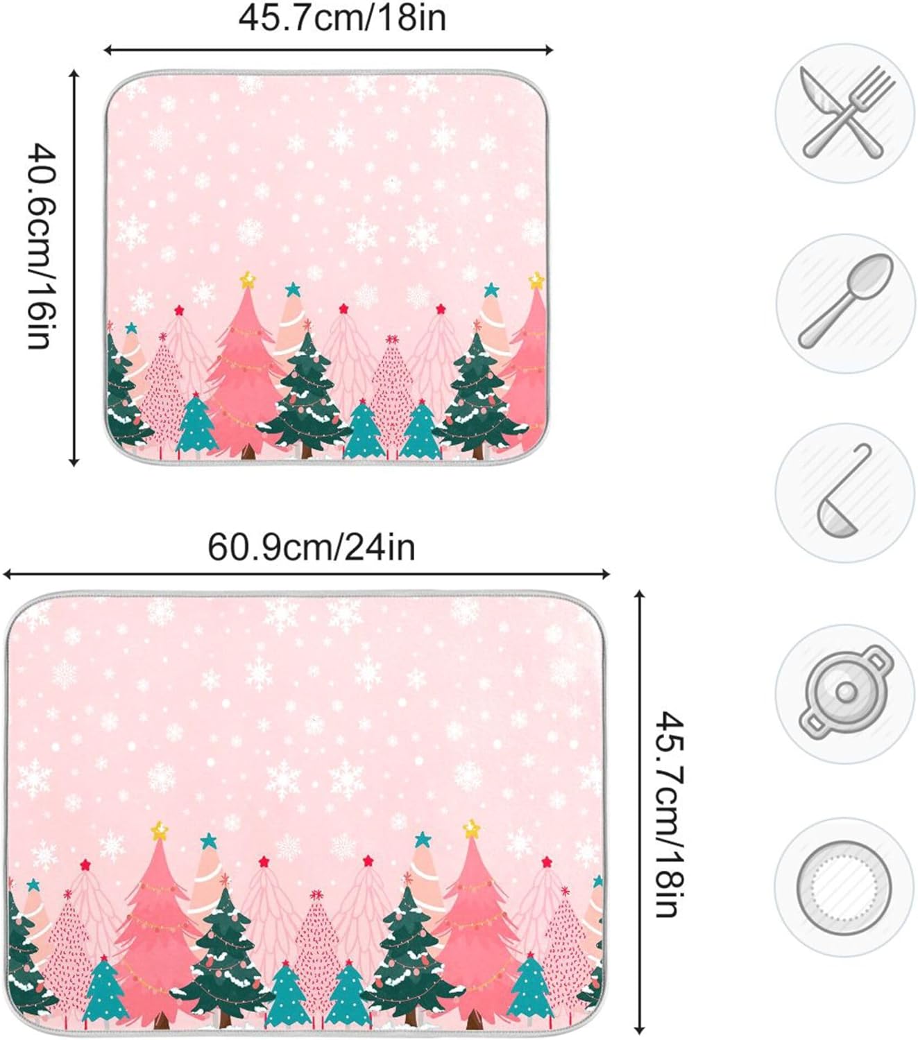 Christmas Tree Pink Dish Drying Mat for Kitchen Countertop 18x24 Winter Snowflake White Xmas Large Drying Mat Reusable Quick Dry Dish Sink Mats Easy Clean Decorative Essentials