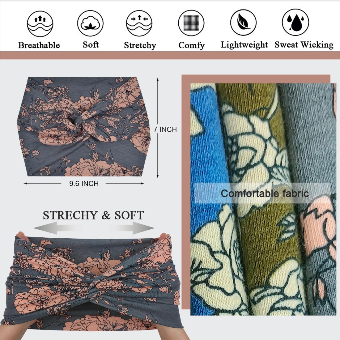 Boho Extra Wide Headbands For Women 7'' Large Headband Twist Head Bands Women's Hair Band Stretchy Turban Styling Accessories 8 Pack