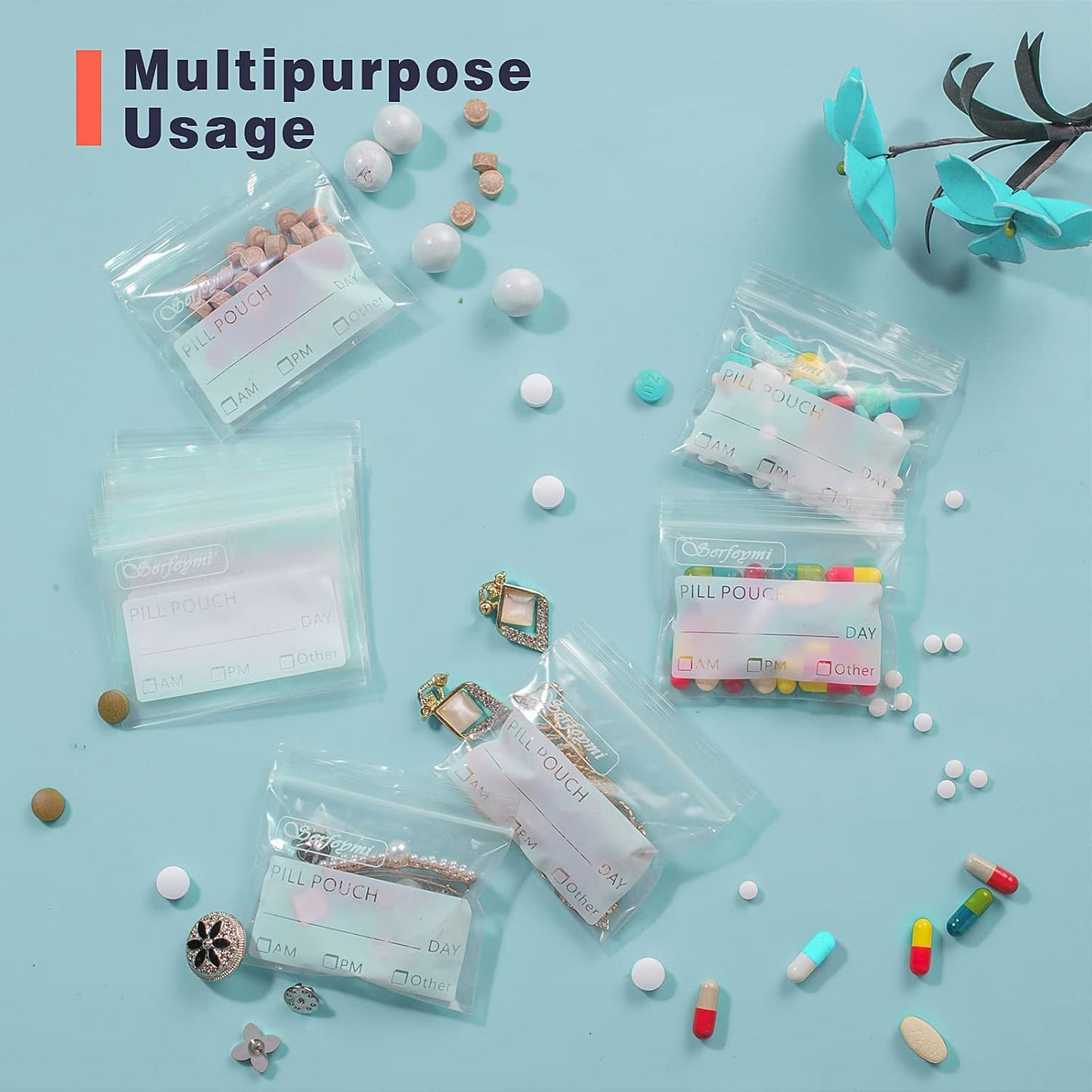 Serfeymi Pill Bags for Travel Pill Pouch Organizer Pack of 400 BPA Free 3 x 2.75 inch Reusable Pill Pouches for Medicine with Write on Label & Zipper Seal Waterproof AM PM Pill Baggies for Supplements