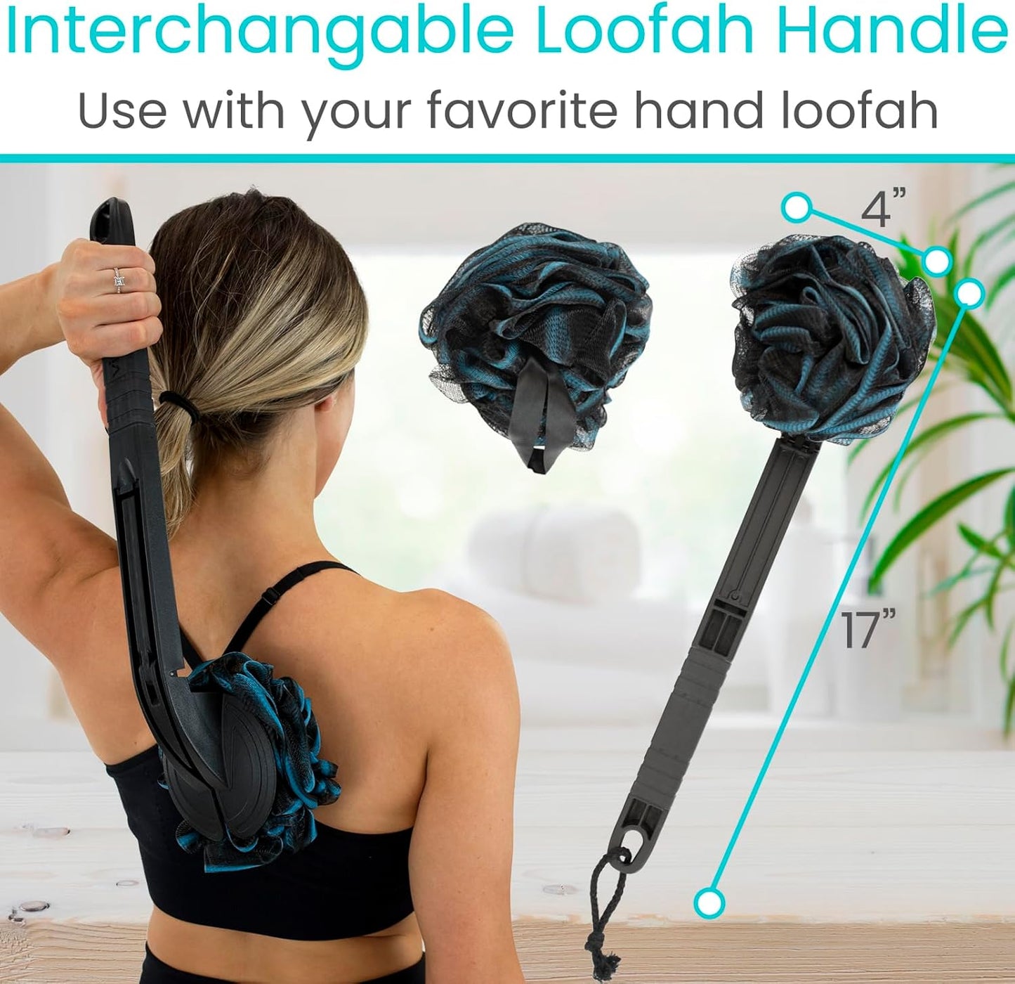 Vive Long Handled Loofah on a Stick - Mesh Back Sponge for Bath, Reusable w/Extra Pouf - Exfoliating Scrubber for Elderly & Disabled, Soft Loofa for Bathing Men & Women