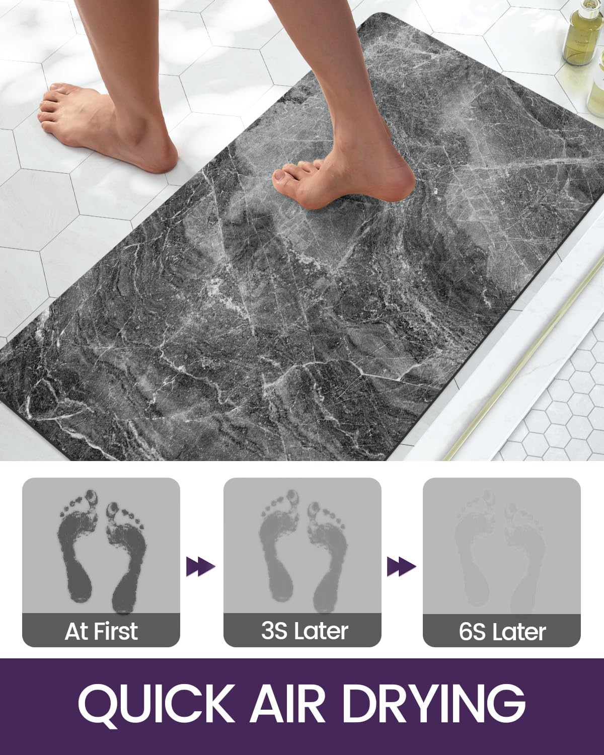 DEXI Bath Mat 17x32, Non Slip Quick Dry Rugs, Super Absorbent Ultra Thin Marble Bathmat, Washable Rubber Mats for Shower Floor, in Front of Bathtub, Sink, Bathroom Accessories Decor, Dark Grey