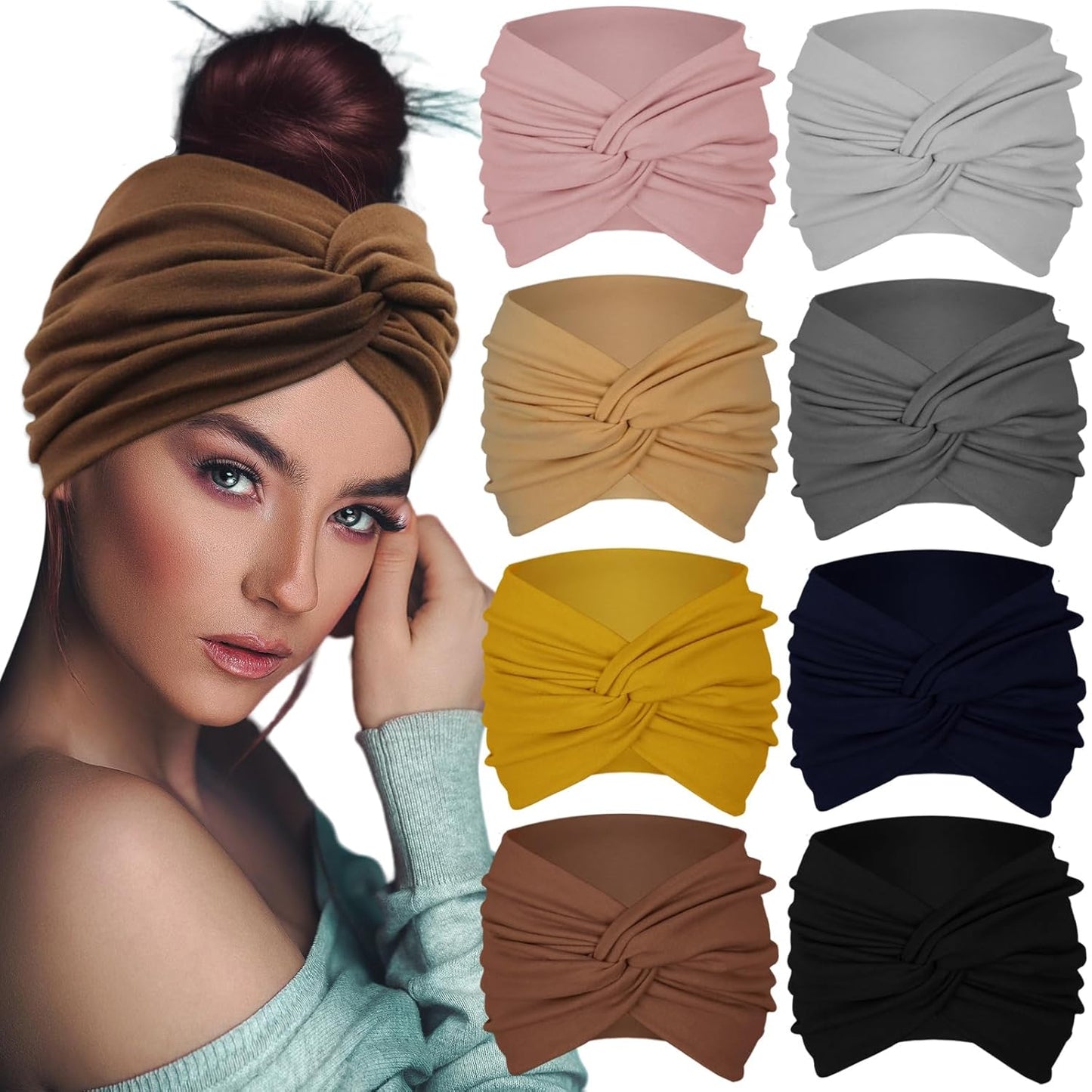 Extra Wide Headbands For Women 7'' Large Headband Twist Head Bands Women's Hair Band Stretchy Turban Styling Accessories 8 Pack