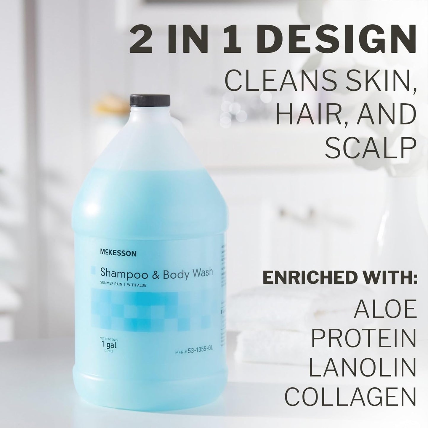 McKesson Body Wash and Shampoo - 1  Gallon Bulk Refill Full Body Wash with Aloe, Summer Rain Scent - Sensitive Skin & Hair 2‑in‑1