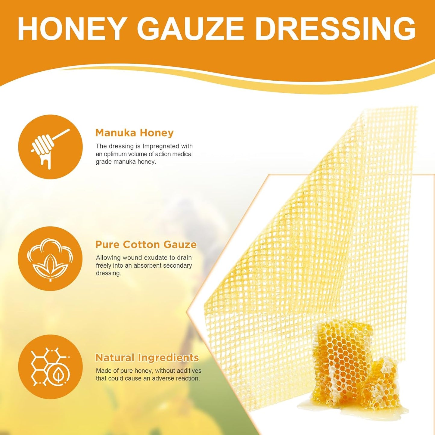 Manuka Honey Gauze Wound Dressing 2" x 2",10 Pack Manuka Honey Wound Care Pads, Medical Grade Honey Bandages for Wound Care, Honey Patch for Faster Healing from Burns,Abrasions,Cuts and Scalds