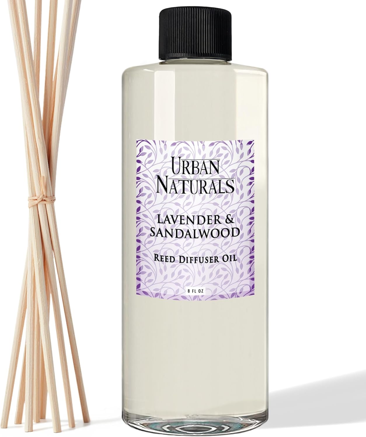 Urban Naturals Reed Diffuser Oil Refill Lavender Sandalwood with Golden Amber, Exotic Woods, Patchouli 8 oz + Free Reed Sticks, Made in The USA