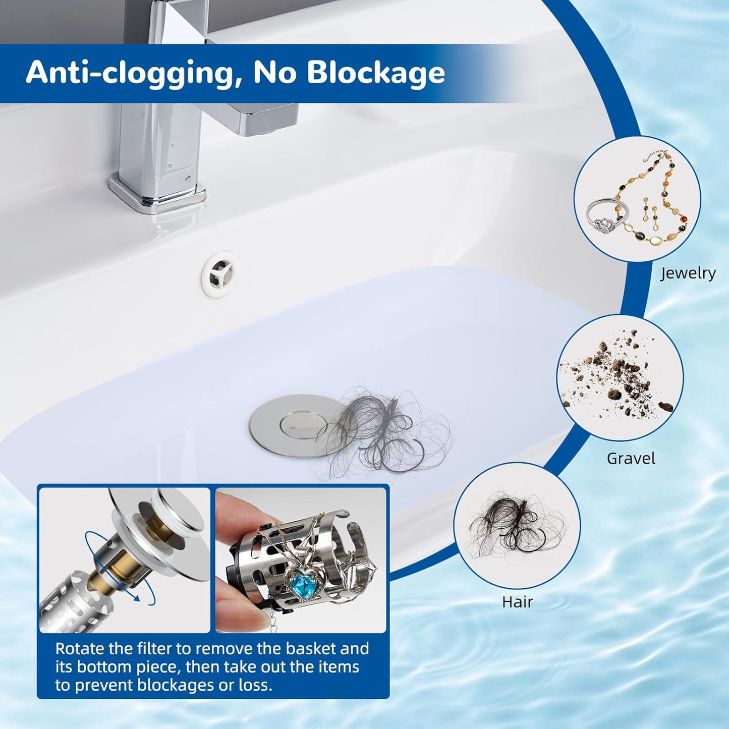 Hibbent 4 Pack Upgraded 3 in 1 Bathroom Sink Drain Strainer, Universal Pop Up Stopper with Removable Stainless Steel Filter Basket Hair Catcher, Sink Plug for 1.1''~2.36'' Basin, Brass Core, Chrome