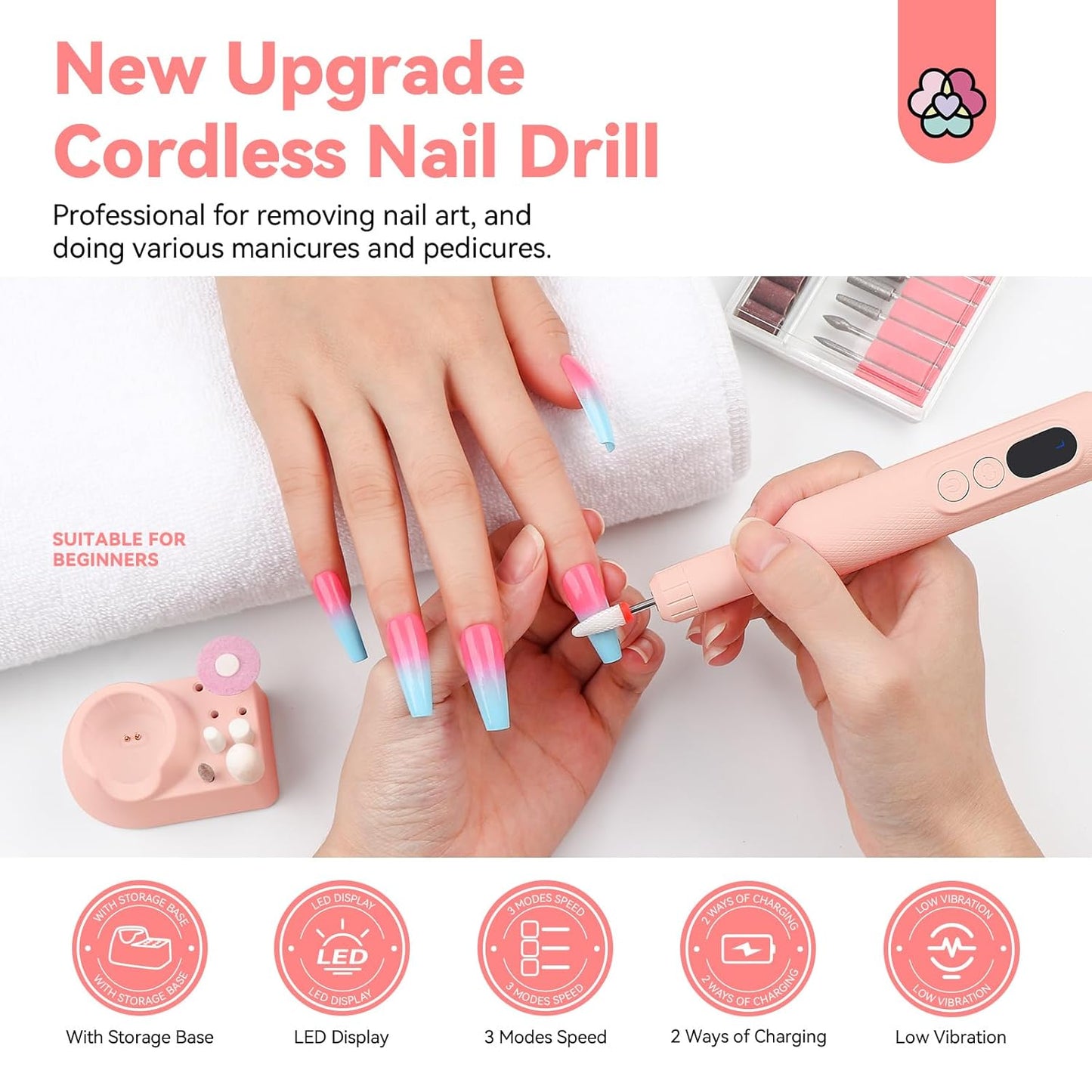 SAVILAND Professional Electric Nail Drill: 20000RPM Cordless Efile Nail Drill Pink Protable Nail File with Base for Nail Grinding & Polishing Gel Acrylic Nails Faster Remover Salon at Home