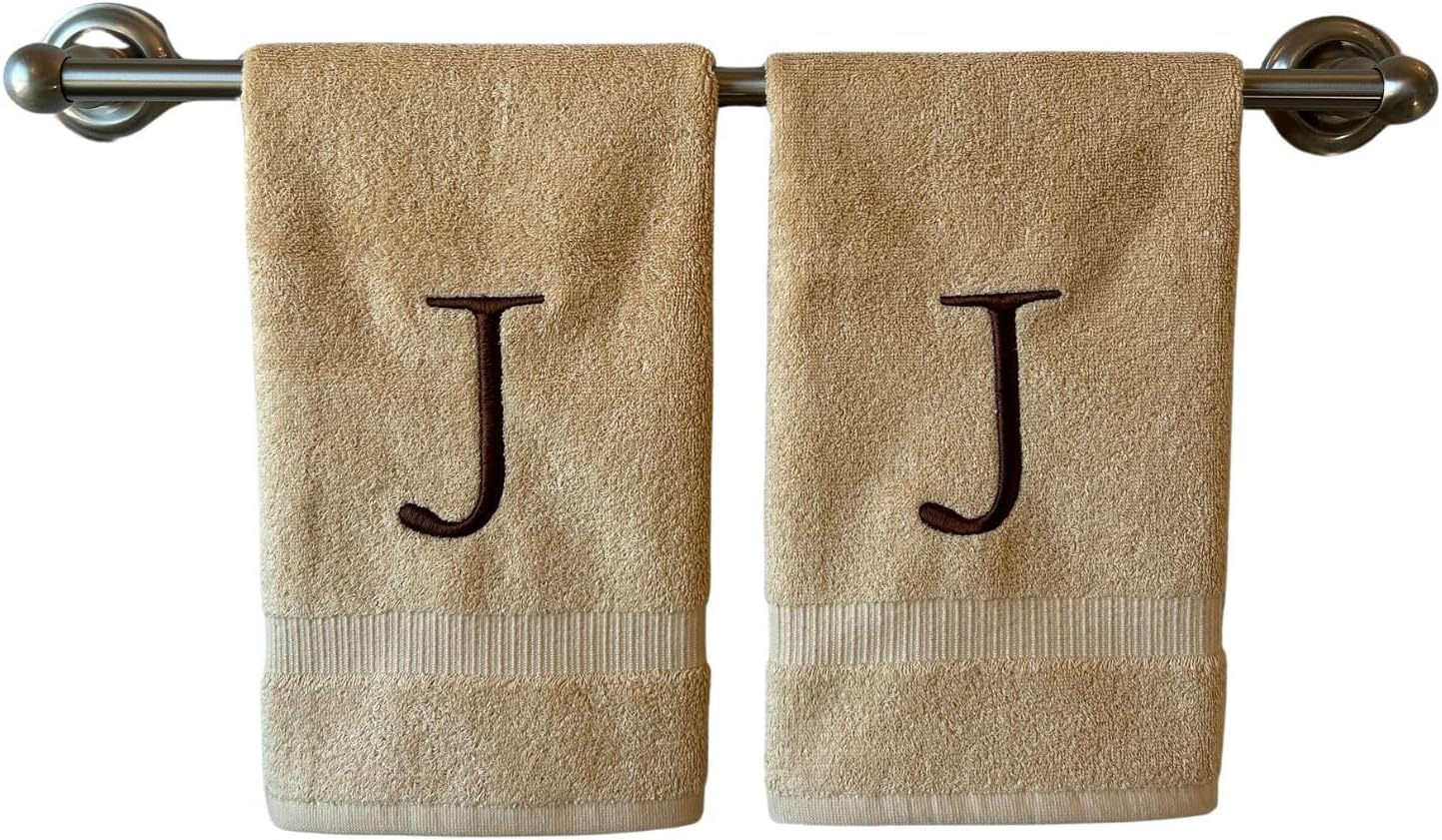 Beige Initial Hand Towel for Bathroom - Monogrammed Luxury Hotel Quality Decorative Embroidered Towel for Powder Room, Spa - GOTS Organic Certified - Set of 2 Brown Letter J