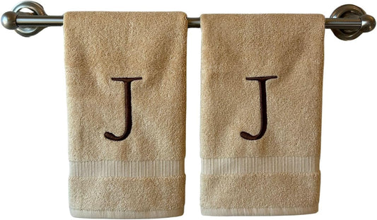 Beige Initial Hand Towel for Bathroom - Monogrammed Luxury Hotel Quality Decorative Embroidered Towel for Powder Room, Spa - GOTS Organic Certified - Set of 2 Brown Letter J