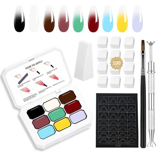 9 Colors Ombre Gel Nail Polish Palette Gradient Painting Gel With 100PCS Nail Sponges & Grabbing Pen ,High Color Rendering Easily Creates Various Blooming Paint Pat Gel For French DIY Nail Art