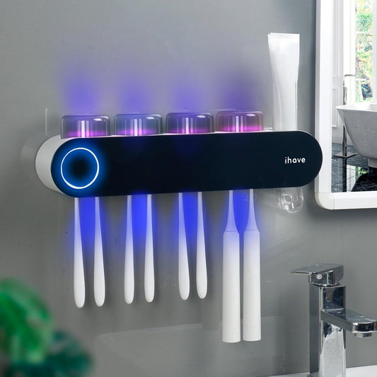 iHave Toothbrush Holders for Bathrooms, UV Toothbrush Sanitizer and Holder Smart Home Bathroom Accessories, 4 Cups Electric Toothbrush Holder Wall Mounted with Toothpaste Dispenser Bathroom Decor