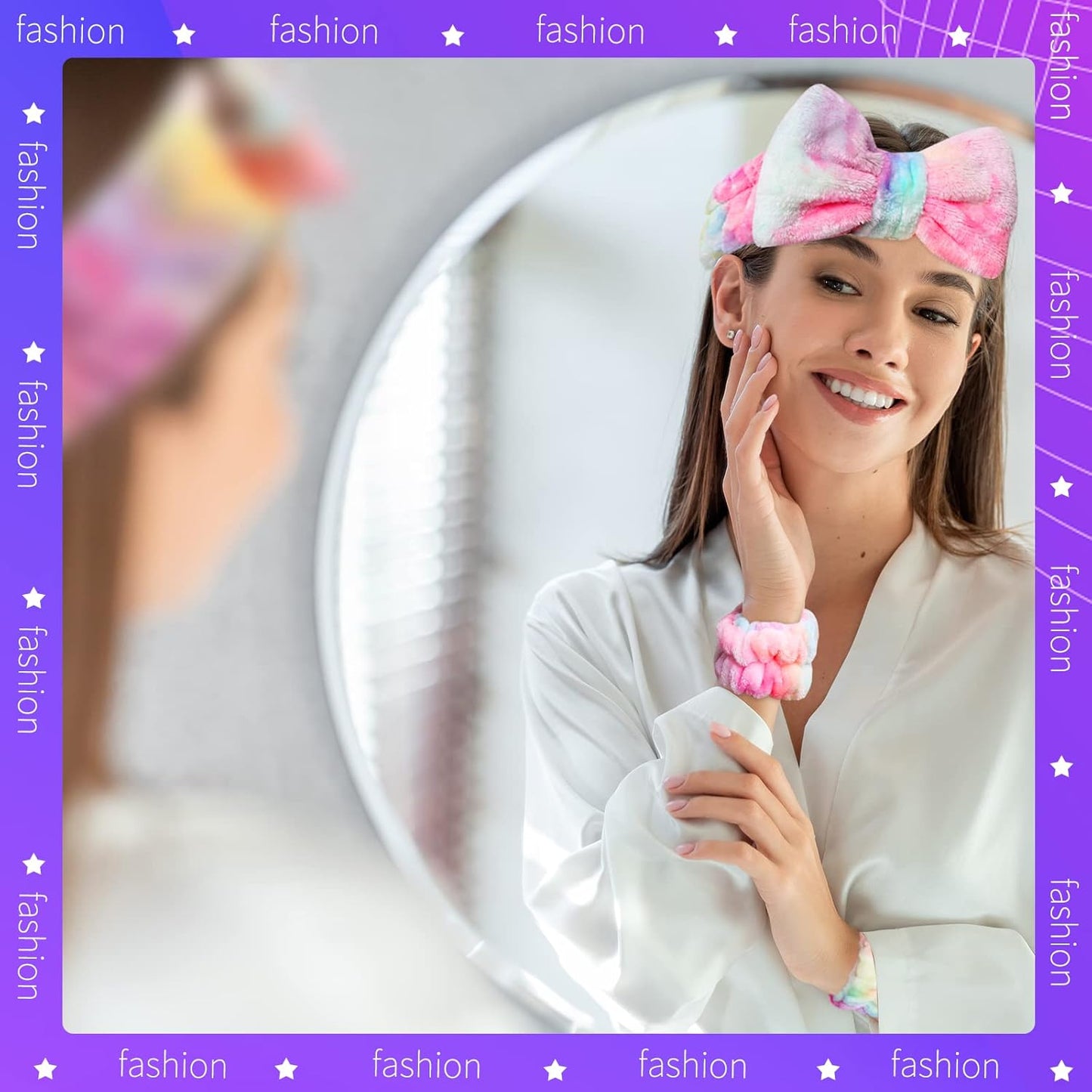 WSYUB Spa Headband and Wrist Bands, Makeup Headband and Wrist Towels for Washing Face, Fuzzy Bow Headbands, Soft Facial Head Bands, Shower Skincare Hair Sleepover Party Supplies