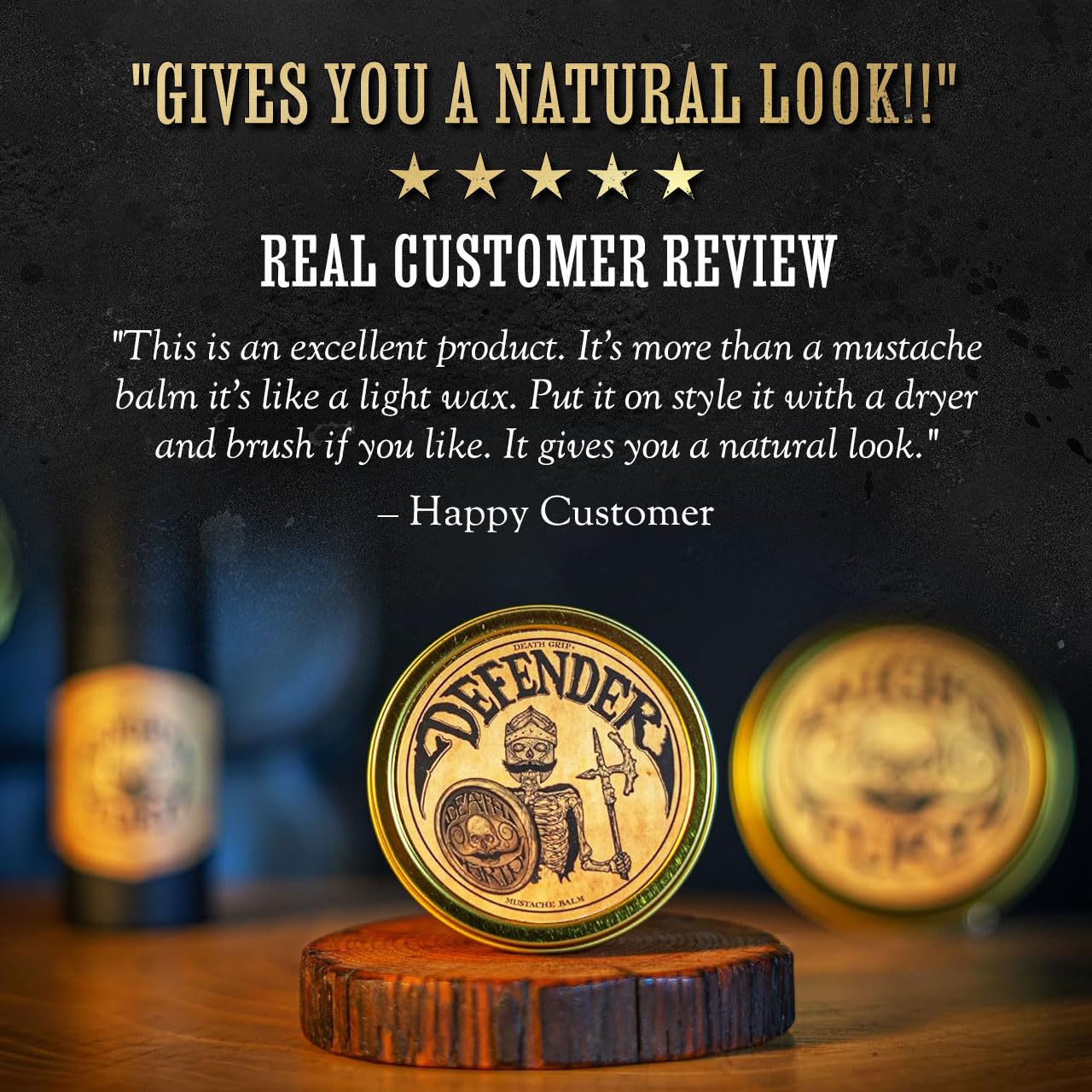 Mustache Balm Grooming Kit for Men | Light to Medium Hold Beard Wax 1oz | Natural Hair & Moustache Care Kit with Styling & Conditioning | Defender Balm By Death Grip