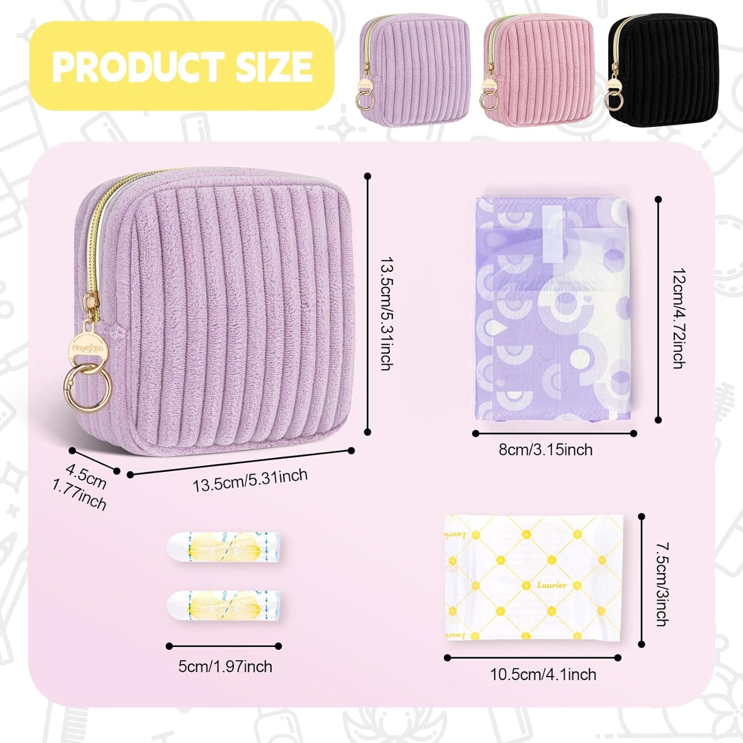 Period Bag for Teen Girls, Corduroy Sanitary Napkin Storage Bag, Fluffy Menstrual Pad PouchTampon Holder for Purse (Pink)