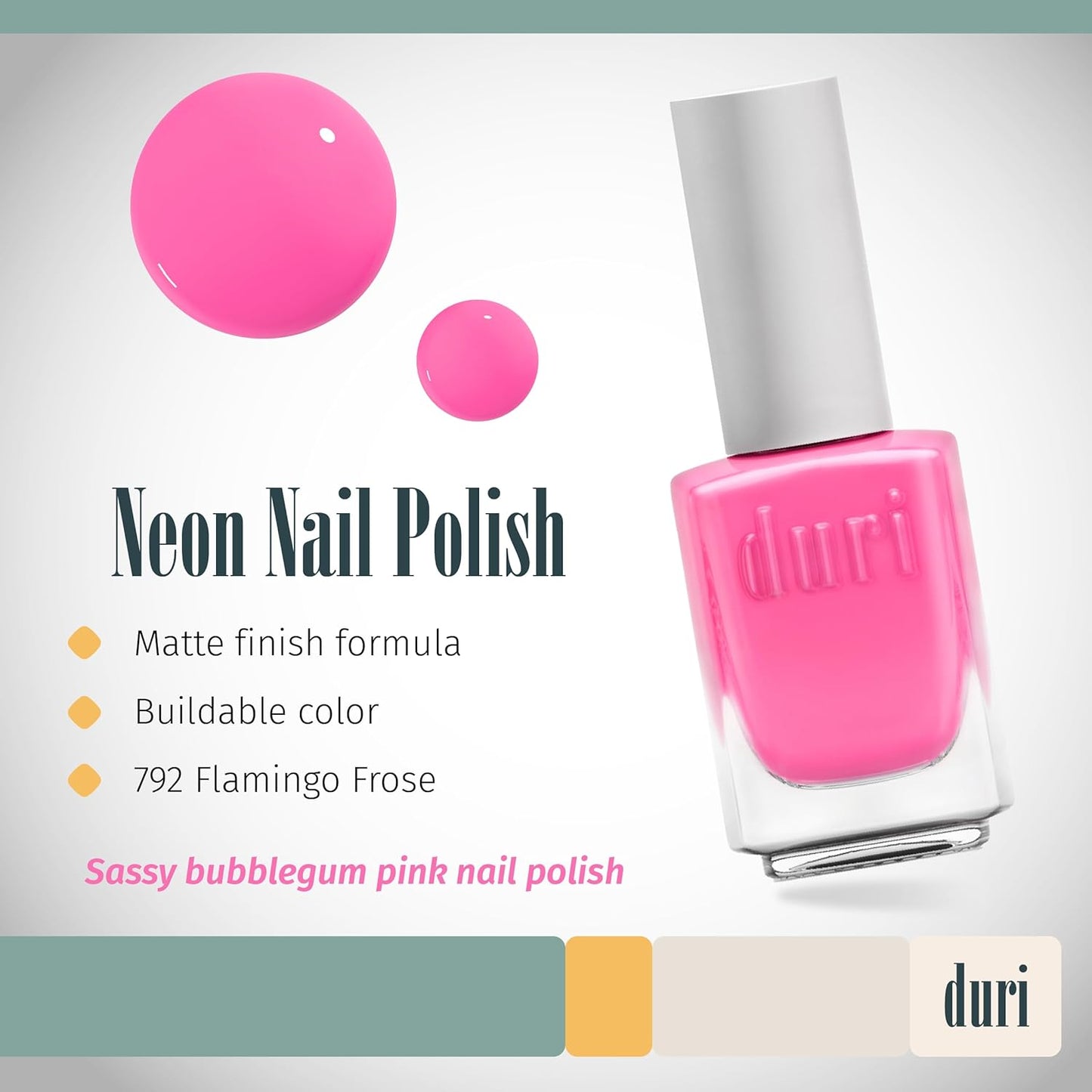 duri 792 Flamingo Frose - Bubble Gum Pink Nail Polish, Semi Matte, Full Coverage, 0.45 Fl Oz