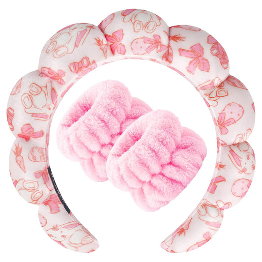 Zkptops Spa Headband for Washing Face Wristband Set Sponge Makeup Skincare Velvet Fabric Bubble Soft Get Ready Hairbands for Women Puffy Headwear Non Slip Thick Thin Hair Accessory(Pink Bow)
