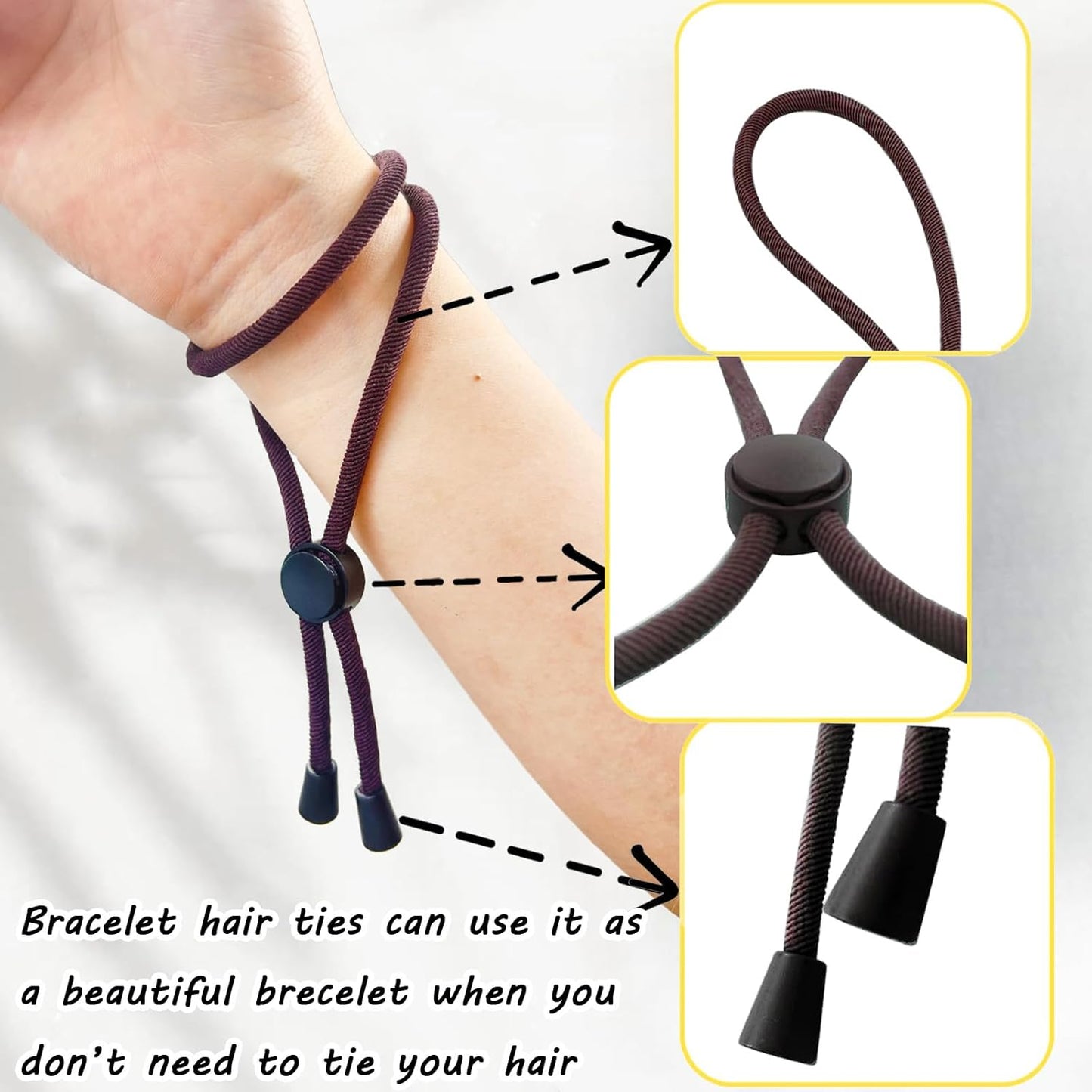 6pcs Brown Adjustable Hair Ties - Long, Extra Length Scrunchies for Thick Hair, Afro Puffs & Ponytails - One Handed Use