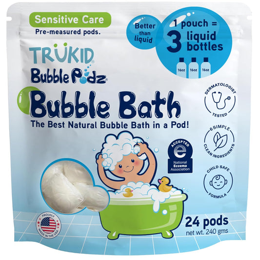 TruKid Bubble Podz Bubble Bath for Kids, Toddlers, & Babies, NEA-Accepted for Eczema, Gentle Refreshing Colloidal Oatmeal Bath Bomb for Sensitive Skin, pH Balanced, Tear Free, Unscented (24 Podz)
