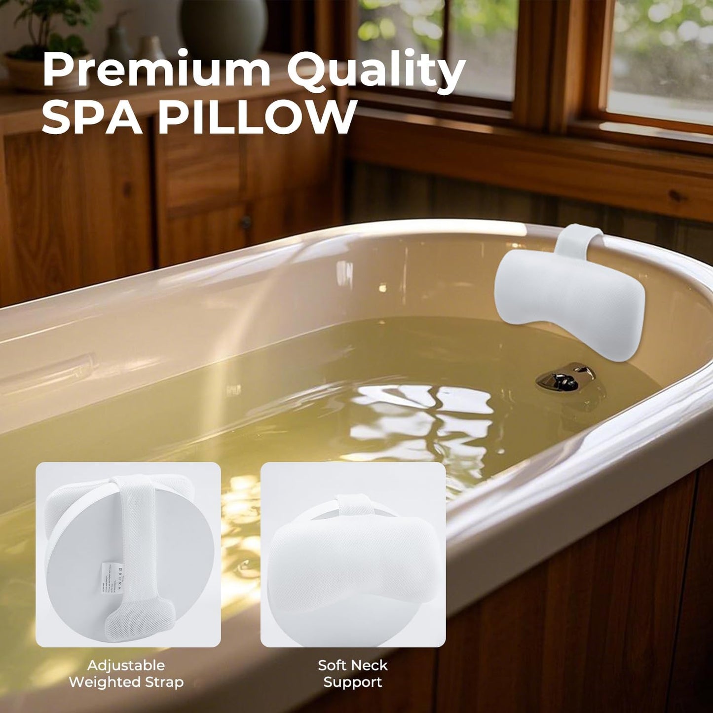 Spa Tub Headrest Pillow, Universal Spa Neck Pillow for Outdoor Hot Tub, Chaise Lounge, Comfortable Head and Neck Support Pillow Cushion with Adjustable Strap，White