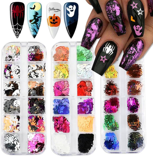 3 Boxes Halloween Nail Art Sequins 3D Holographic Spider Pumpkin Face Ghost Witch Skull Nail Art Glitter Sequins Halloween Nail Decoration Supplies for Women (36 Grids)