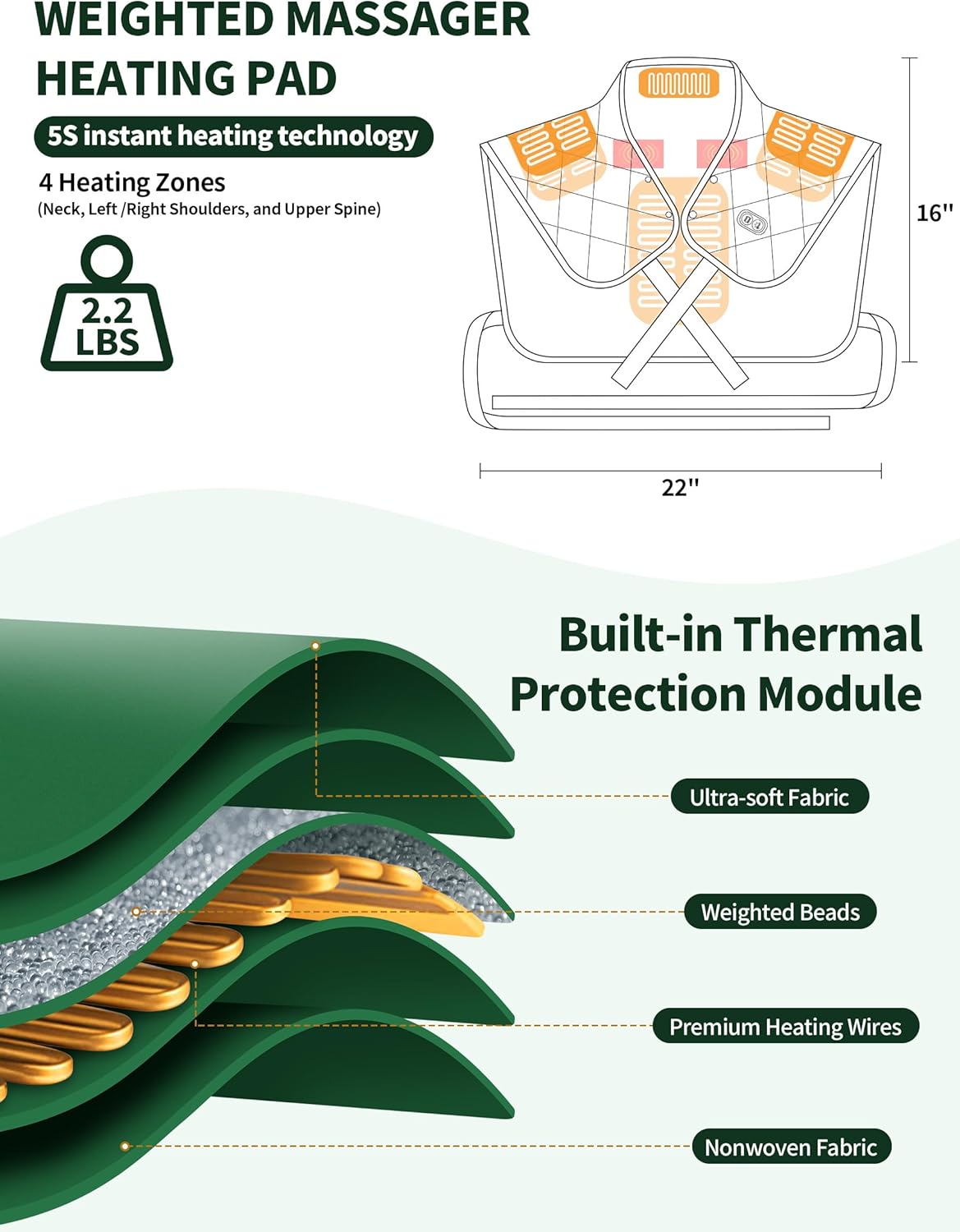 Vofuoti Heating Pad for Neck and Shoulders, Portable Heating Pad with Massager and Battery, Weighted Electric Heated Neck Shoulder Wrap, 16'' x 22'', 2.2lbs