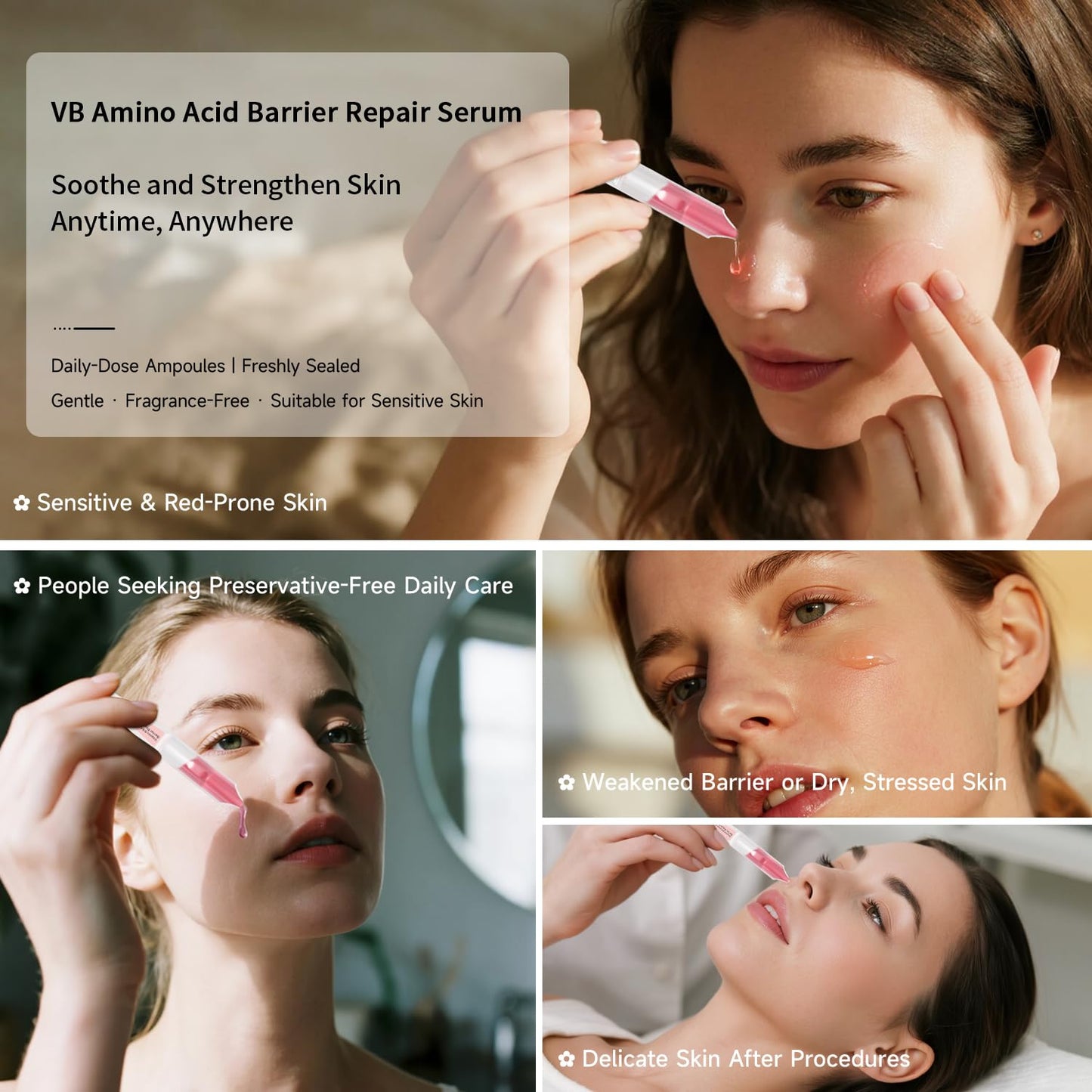 Vitamin B Amino Acid Barrier Support Face Serum - Preservative-Free Ampoule with B12, Hyaluronic Acid and Glutathione for All Skin, Especially Sensitive, Dry and Fragile Skin (1.5ml)30 Vials