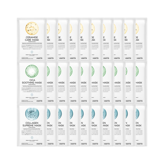Hydrating Soothing Sheet Masks Gift Set for Skincare, Korean Vegan Sheet Mask for Dry, Sensitive Skin, Calming, Smoothing, Brightening, Collagen, Ceramide, Cica, Hyaluronic Acid 30EA
