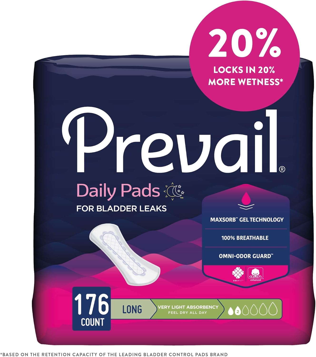 Prevail Proven - Prevail Incontinence Bladder Control Pads - Bladder Leak Pads - Very Light Absorbency, Long, 176 Count (4 Packs of 44)