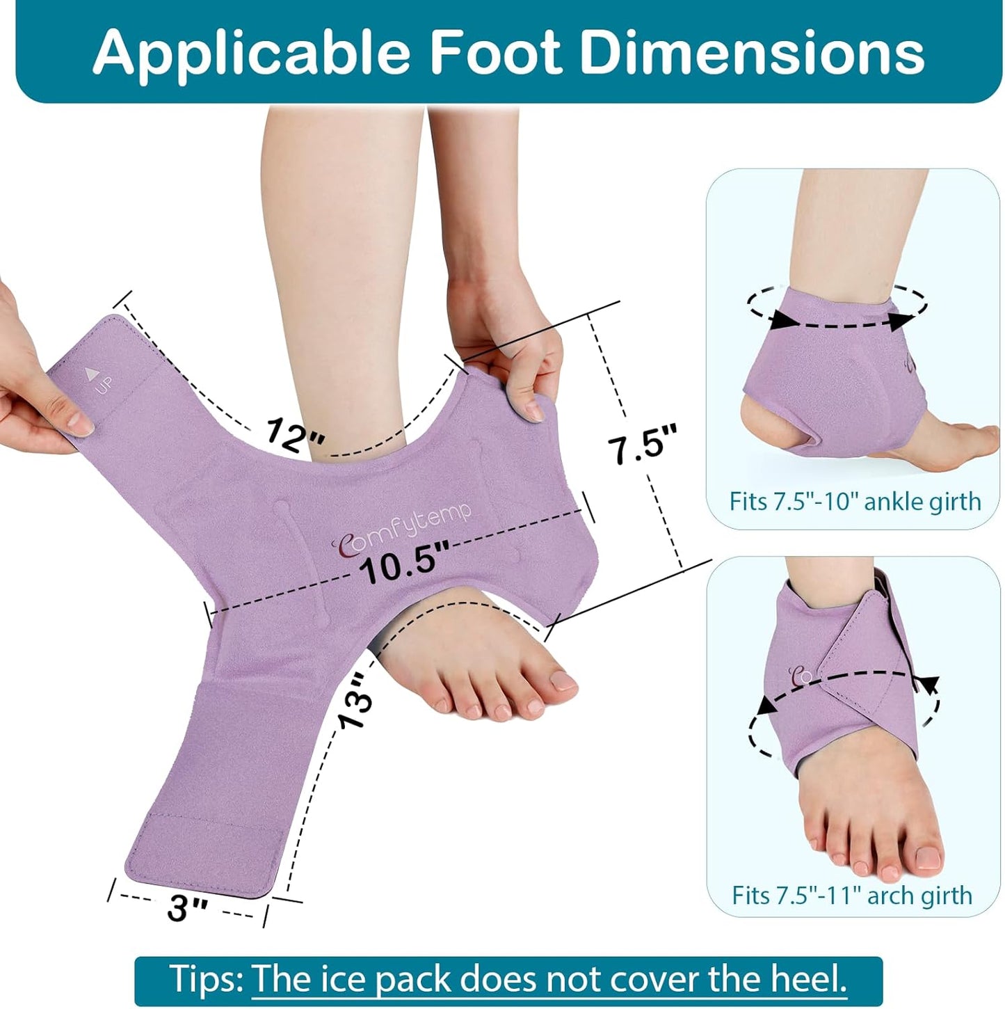 Comfytemp Ankle Ice Pack Wrap for Swelling, Plantar Fasciitis, Foot Pain Relief, Gel Packs for Injury Reusable, Hot Cold Compress for Achilles Tendonitis, Heel Spur, Sprain, Swelling, 2 Packs (Purple)