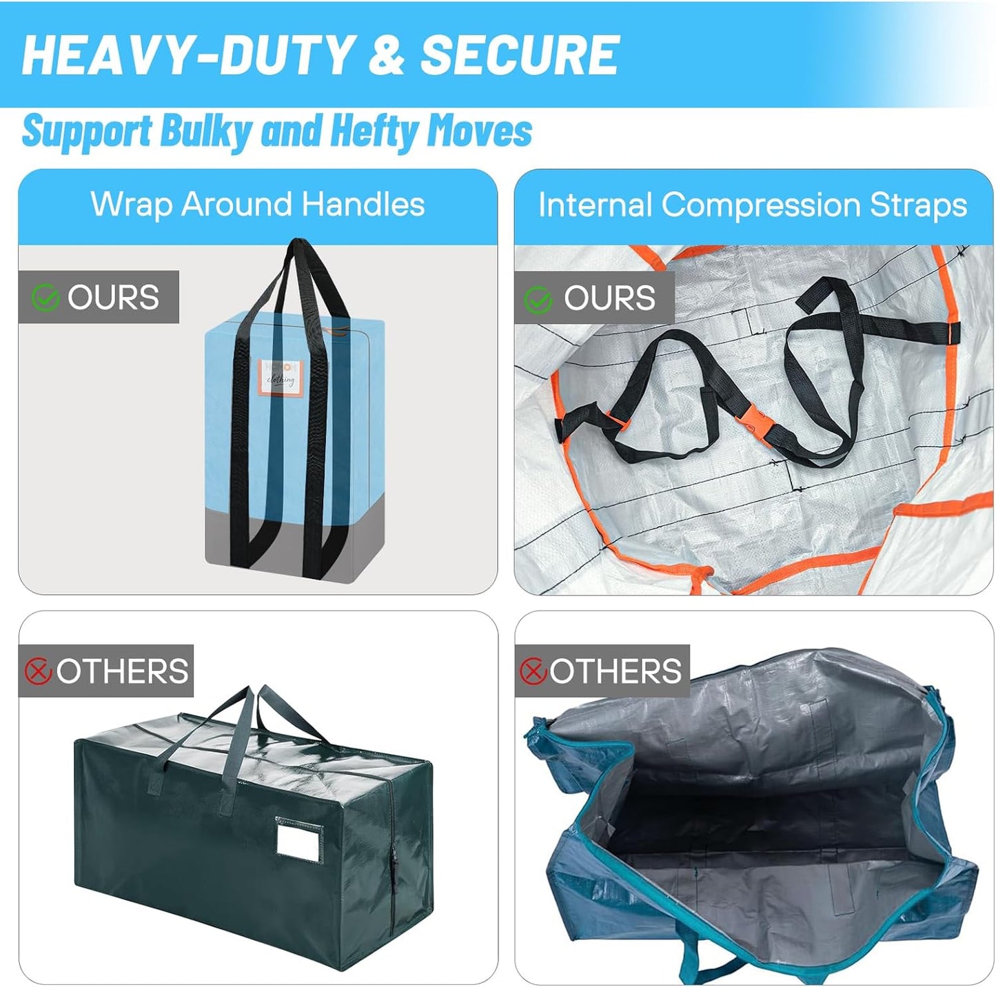 4 Pack Packing Bags for Moving, Storage Bags with Internal Compression Straps, Heavy Duty Moving Totes with Wrap Around Handles, Alternative to Moving Boxes, Blue and Black