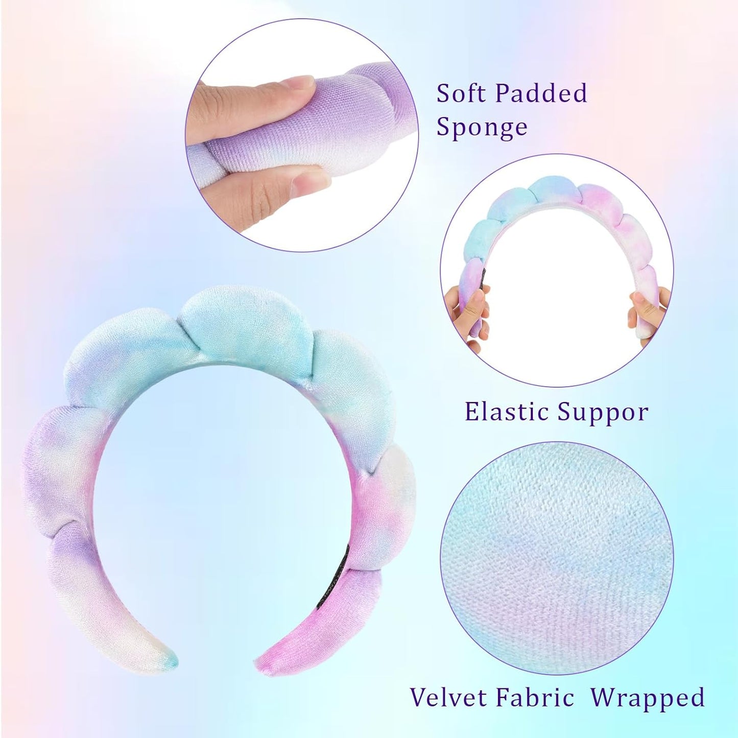 CAVETEE Spa Headband for Washing Face, Sink Care Headband for Women Sponge Bubble Makeup Head band for Women, Soft Velour Hair Accessoriesfor Girls (Tie Dyed, one size)