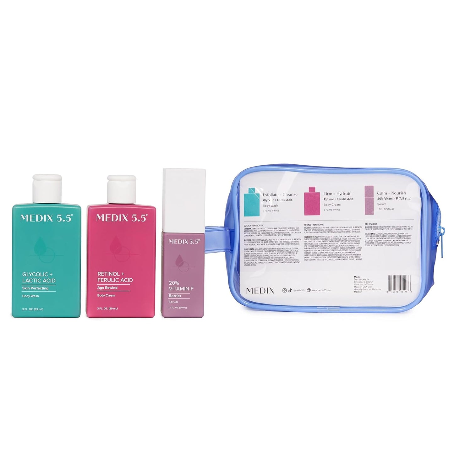 MEDIX 5.5 Best Sellers Travel Kit Skin Care Set - Retinol Body Lotion + Glycolic Acid Exfoliating Body Wash + 20% Vitamin F Body Oil 3PC Skincare Set | Crepey Skin Care Treatment, 3 Piece Travel Kit